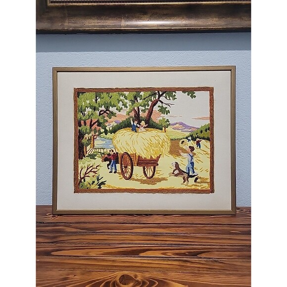 Vintage 1992 Crewel Harvesting the Hey Finished Framed Sunset Stitchery - Picture 1 of 11